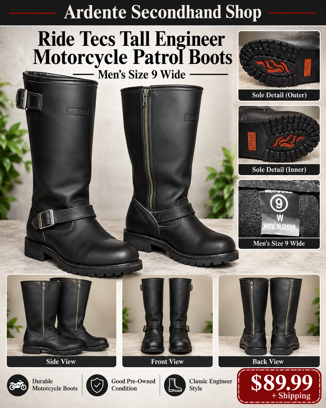 Ride Tecs tall black engineer motorcycle patrol boots, men's size 9 wide