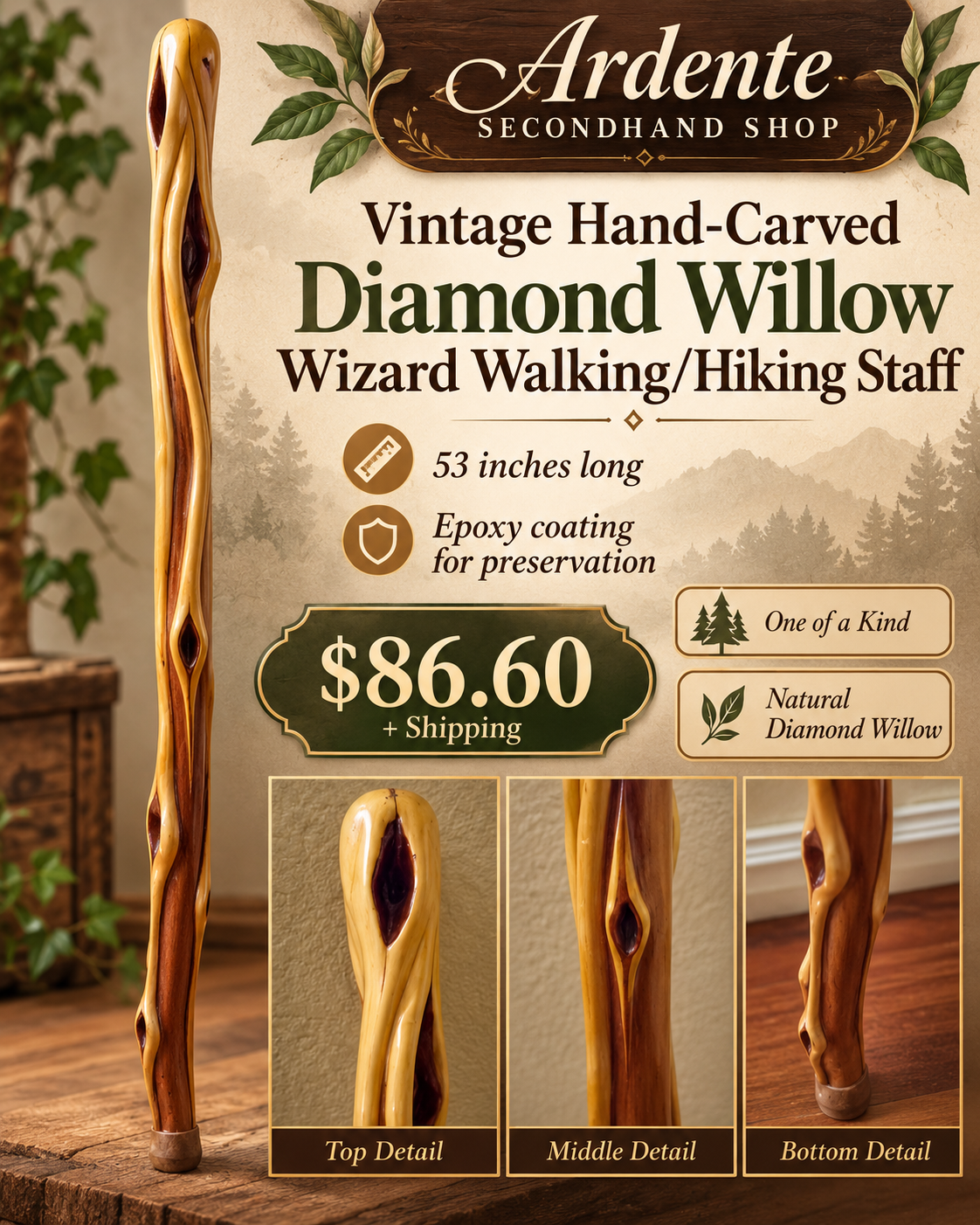 53-inch vintage hand-carved Diamond Willow wizard walking and hiking staff