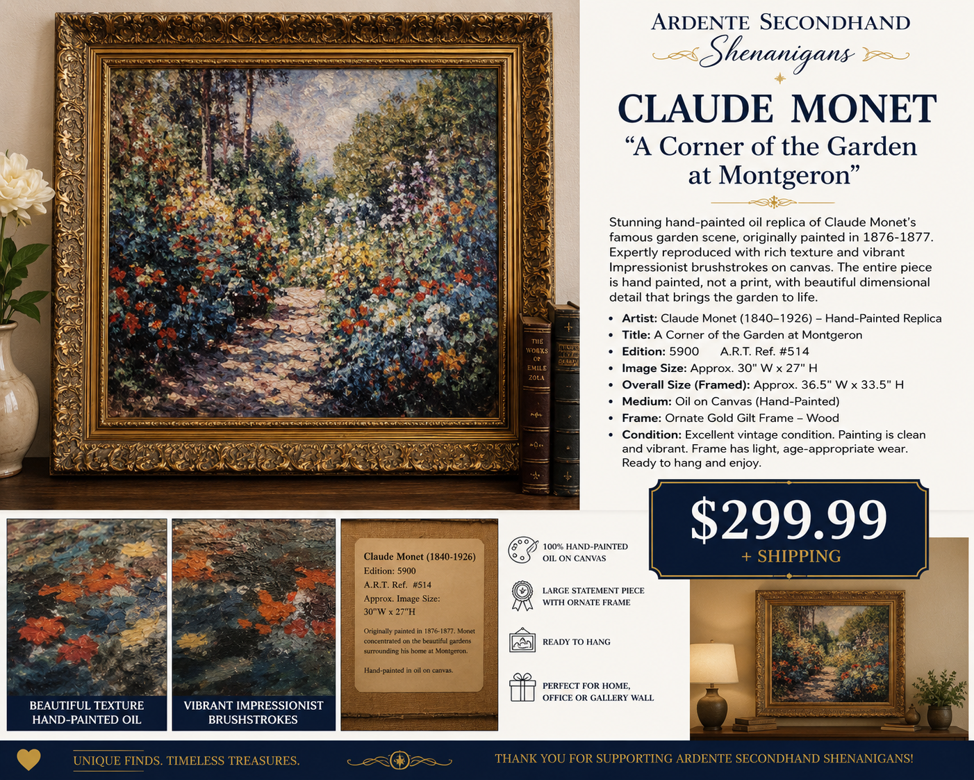Hand-painted oil replica of Claude Monet's A Corner of the Garden at Montgeron in ornate gold frame