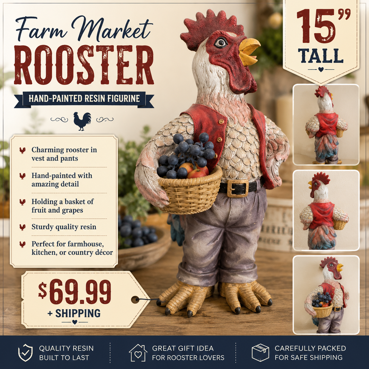 15-inch Farm Market Rooster resin figurine holding a basket of fruit and grapes