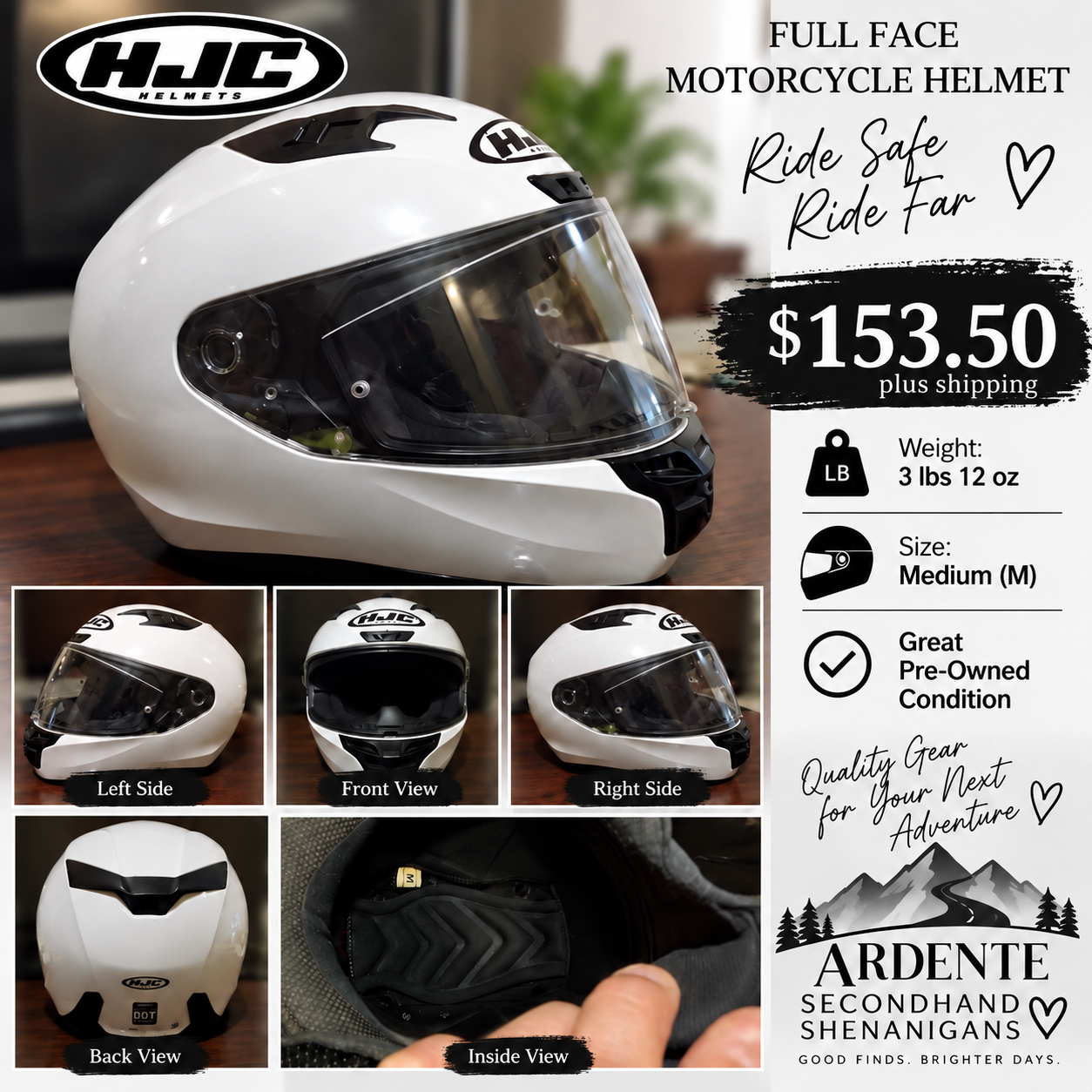 White HJC full-face motorcycle helmet, size medium