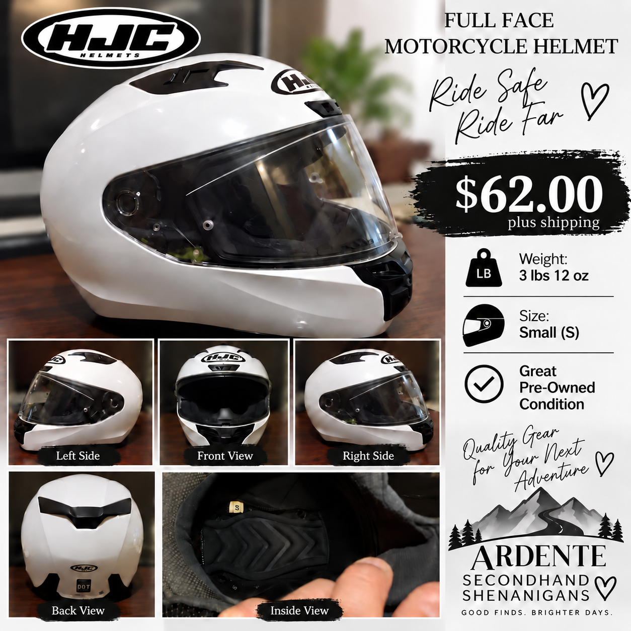 White HJC full-face motorcycle helmet, size small