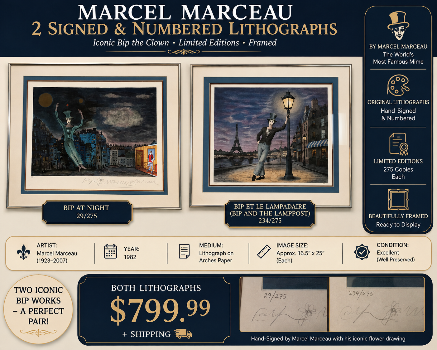 Pair of framed Marcel Marceau signed and numbered Bip lithographs